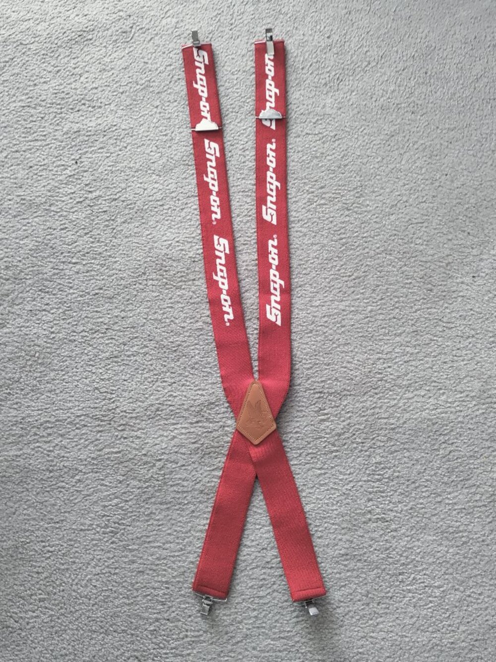 Snap-On Tools Vintage Red Stretch Logo Suspenders Leather Crosspatch W/Eagle